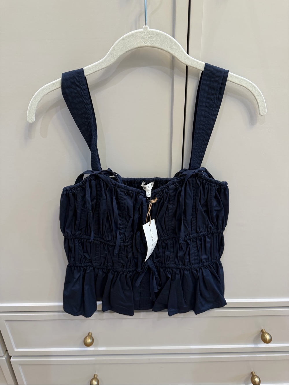 Moon River Navy Smocked Strap Crop Top